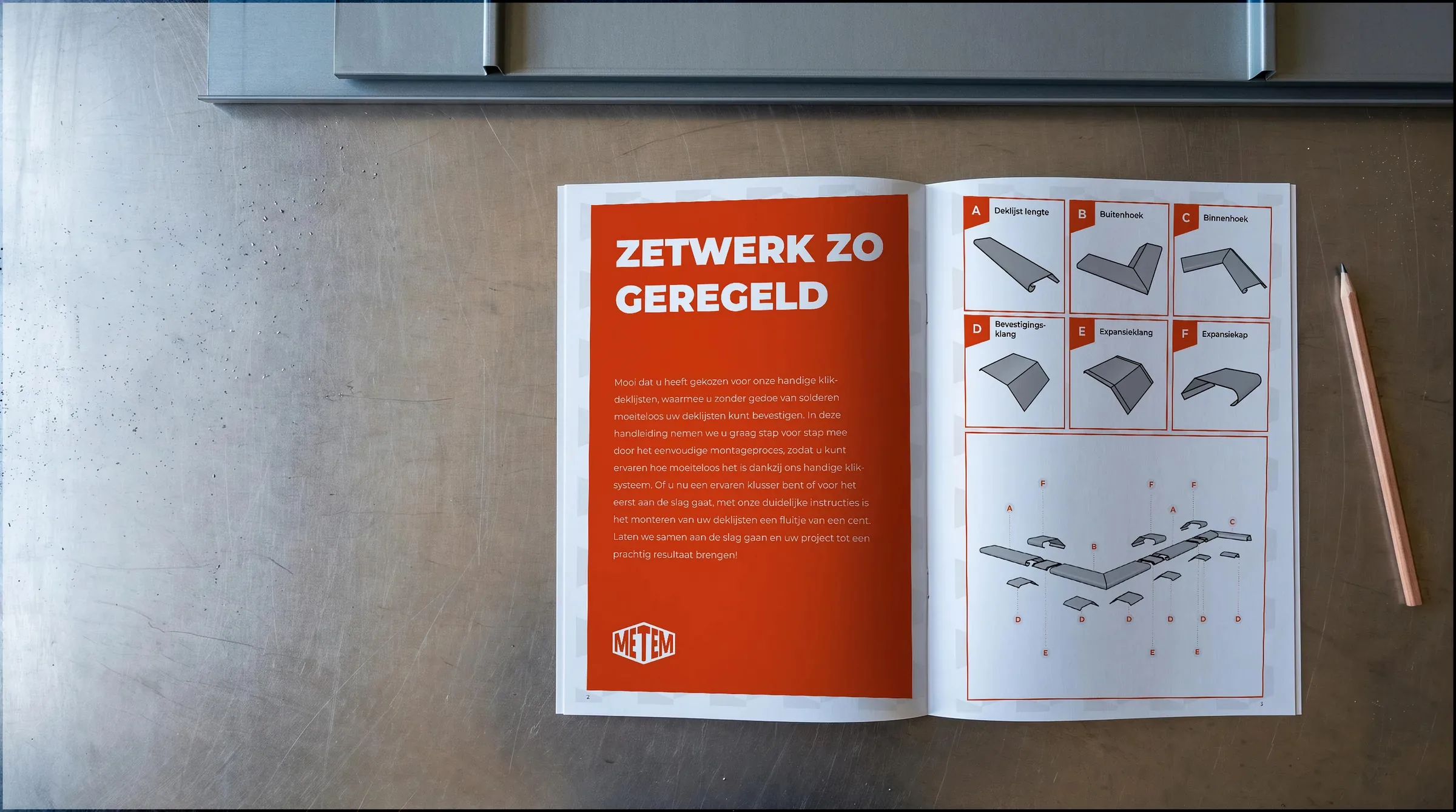 De montagehandleiding van Metem Zetwerk, opengeslagen