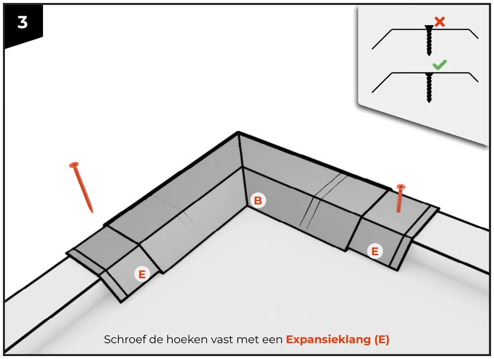 Rechtsboven de inzet met de schroefkop, fout boven, goed onder.
