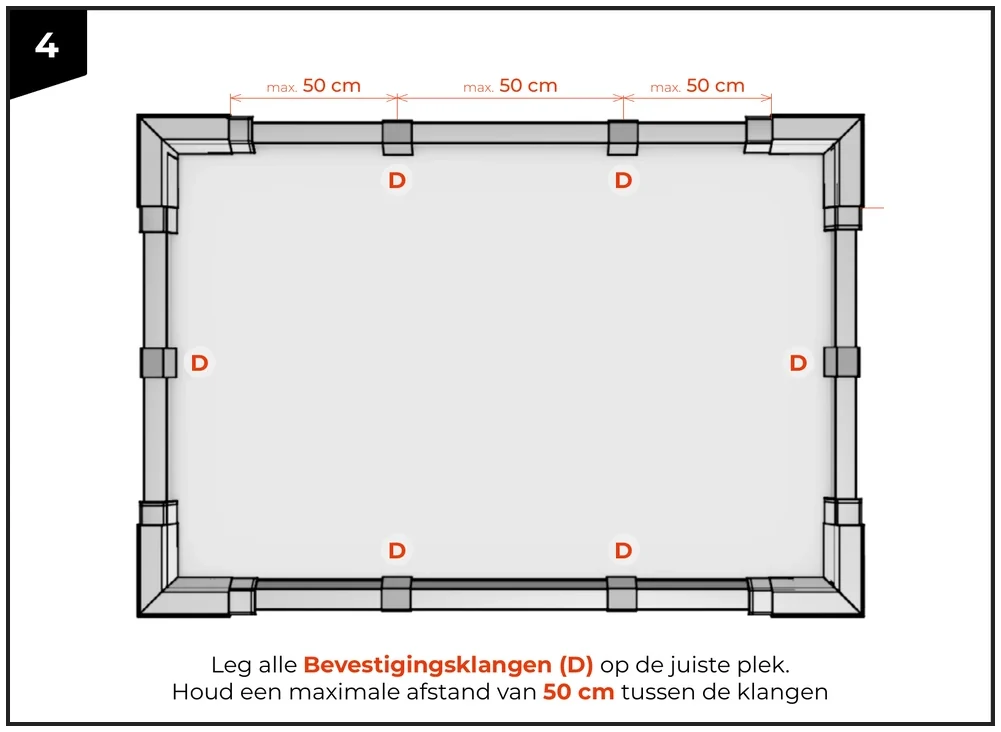 De maximale afstand tussen de bevestigingsklangen, vijftig centimeter, staat in het beeld zelf.