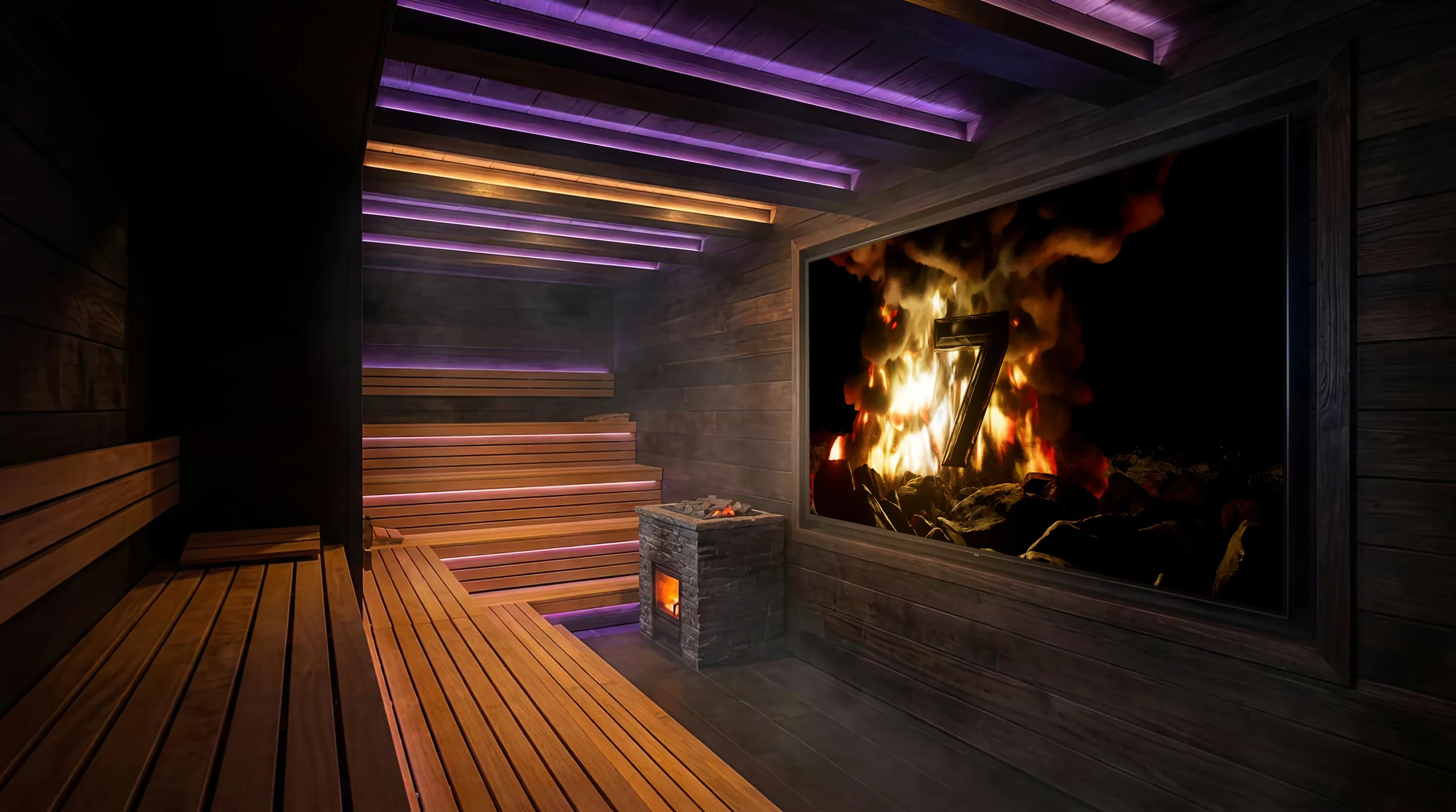 De countdown op het scherm van het sauna theater